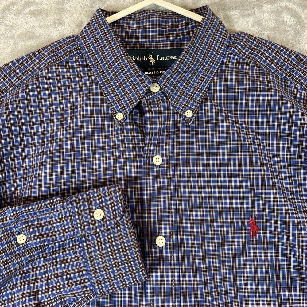 Ralph Lauren Shirt Mens Large Blue Brown Plaid Classic Fit Long Sleeve Button Up